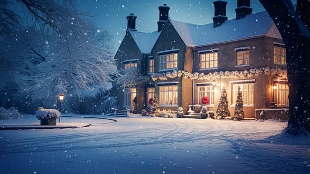 Christmas in the countryside manor, English country house mansion decorated for holidays on a snowy winter evening with snow and holiday lights, Merry Christmas and Happy Holidays design