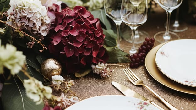 Wedding or formal dinner holiday celebration tablescape with hydrangea flowers in the English countryside garden, table setting and wine, floral table decor for family dinner party, home styling inspiration