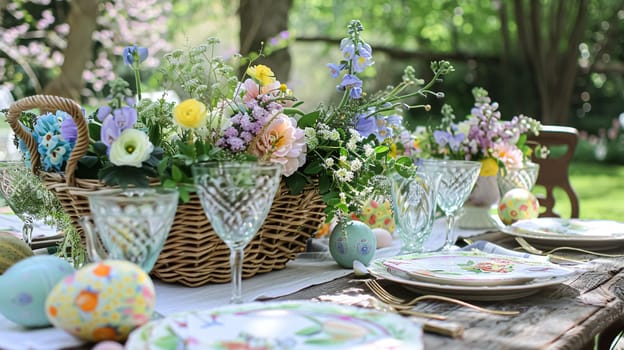 Easter tablescape decoration, floral holiday table decor for family celebration, spring flowers, Easter eggs, Easter bunny and vintage dinnerware, English country and home styling