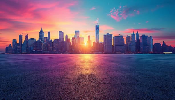 The perspective of the road against the background of sunset and the cityscape. High quality photo