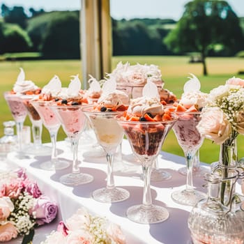 Ice cream desserts buffet table, event food catering for wedding, party and holiday celebration, ice creams and flowers decor in a floral countryside garden, post-processed, generative ai