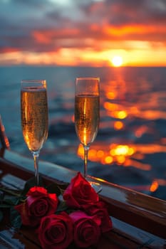 Two champagne flutes with red roses on top, one on the left and one on the right.