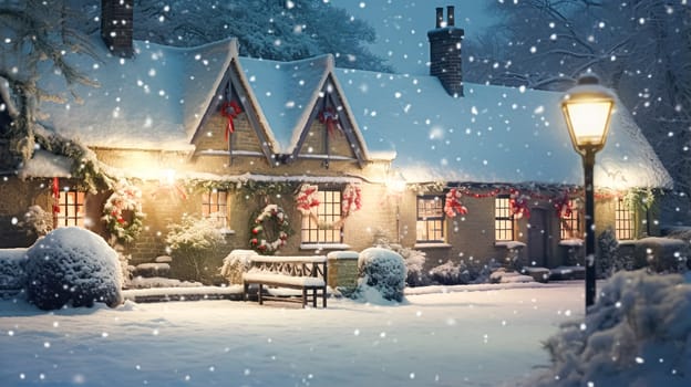 Christmas in the countryside, cottage and garden decorated for holidays on a snowy winter evening with snow and holiday lights, English country styling inspiration