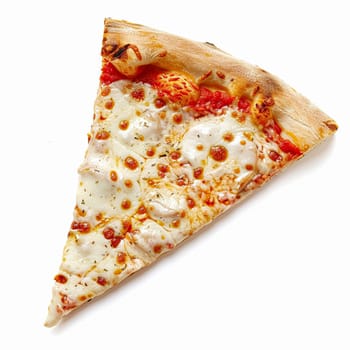 Pizza slice isolated on white background, online delivery from pizzeria, take away and fast food concept