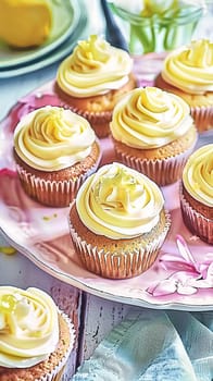 Homemade lemon cupcakes with buttercream frosting, baking recipe