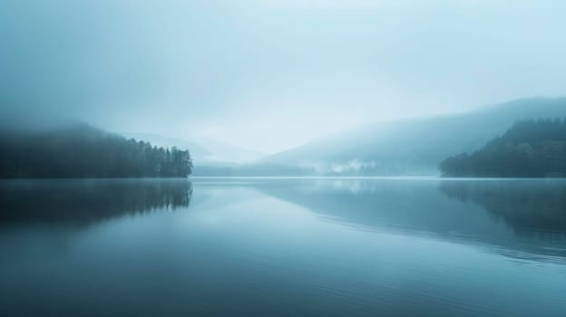 A calm lake with a foggy sky in the background.