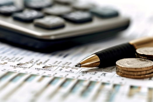 A pen and some coins are on top of a piece of paper with numbers and graphs. Concept of financial planning and budgeting