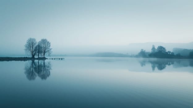 A calm lake with a foggy sky in the background.