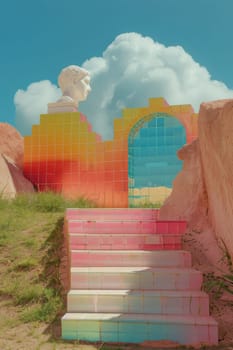 A colorful building with a pink staircase leading up to it. The building is made of colorful bricks and has a statue of a man on top of it. The sky is cloudy