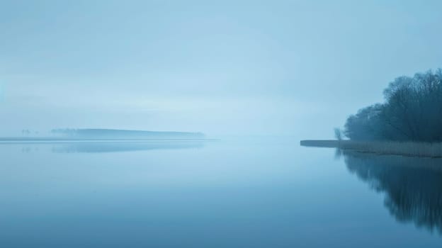 A calm lake with a foggy sky in the background. The water is still and the sky is overcast