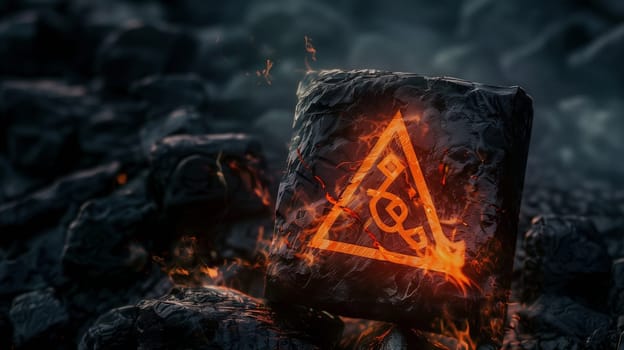 Cinematic dark photo of a mysterious stone with mystical fire symbols