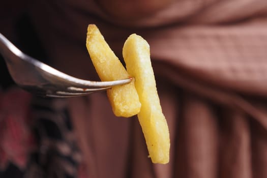 Closeup of fork Pick French Fries .