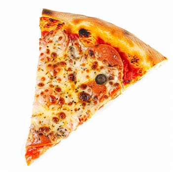 Pizza slice isolated on white background, online delivery from pizzeria, take away and fast food concept