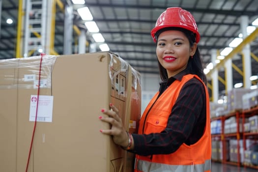 an attractive Asian logistics warehouse staff girl wearing red safety helmet red warehouse vest is moving a big cardboard box with a Platform trucks, inside huge neat warehouse,.