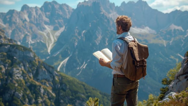 A man is reading a book in the mountains.