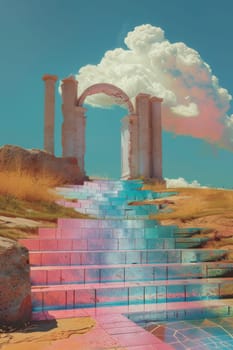 A colorful building with a pink staircase leading up to it. The building is made of colorful bricks and has a statue of a man on top of it. The sky is cloudy