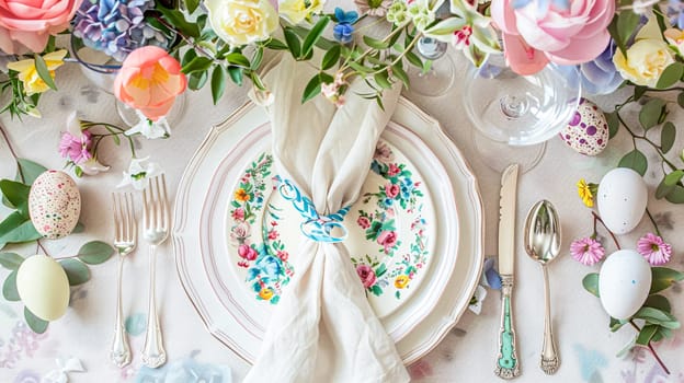 Easter tablescape decoration, floral holiday table decor for family celebration, spring flowers, Easter eggs, Easter bunny and vintage dinnerware, English country and home styling