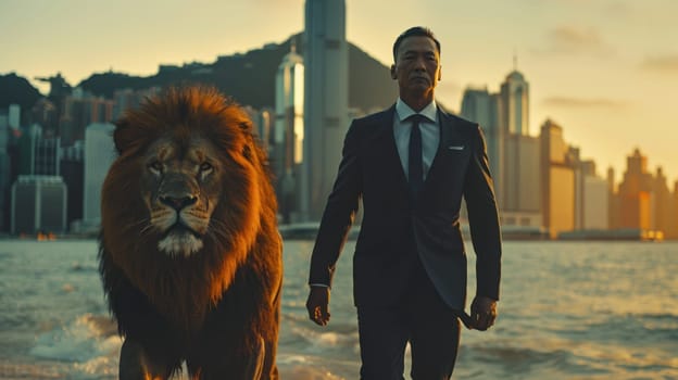 A business man is walking with a lion in the street.