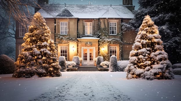 Christmas in the countryside manor, English country house mansion decorated for holidays on a snowy winter evening with snow and holiday lights, Merry Christmas and Happy Holidays design