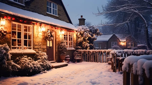 Christmas in the countryside, cottage and garden decorated for holidays on a snowy winter evening with snow and holiday lights, English country styling inspiration