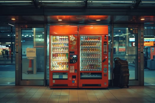 Two red vending machines are outside in the dark. One of them is empty