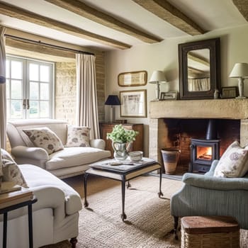 Cottage interior with modern design and antique furniture, home decor, sitting room and living room, sofa and fireplace in English country house and countryside style interiors