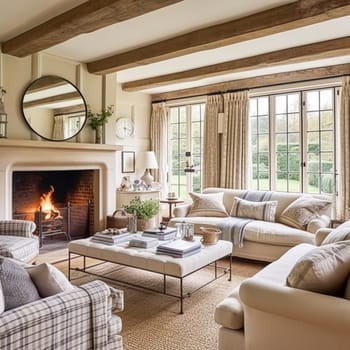 Cottage interior with modern design and antique furniture, home decor, sitting room and living room, sofa and fireplace in English country house and countryside style interiors