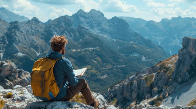 A man is reading a book in the mountains.