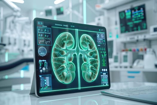 A bright, minimalistic setting featuring a large tablet displaying a vibrant green holographic 3D kidneys, laid on a white table within a clean.