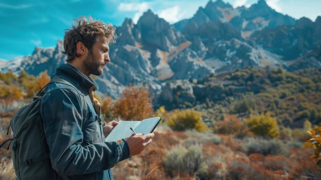 A man is reading a book in the mountains. The book is open to a page with a pen on it. The man is wearing a backpack and has a beard. The mountains in the background are covered in trees and bushes