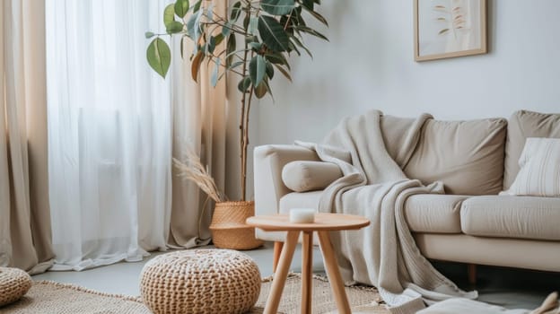 A living room with a white couch, a potted plant, and a white blanket on the couch