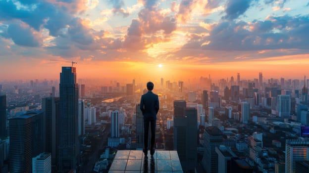 Businessman standing on a rooftop terrace overlooking the urban landscape, representing the financial success achieved through passive income ventures.