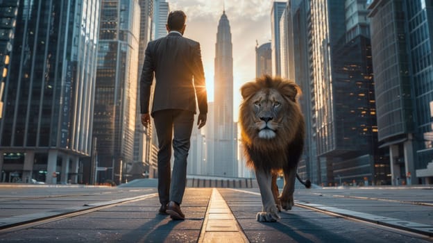 A business man is walking with a lion in the street.