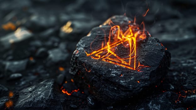 Cinematic dark photo of a mysterious stone with mystical fire symbols