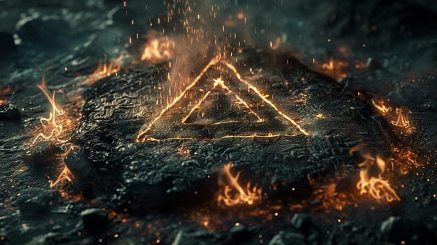 Cinematic dark photo of a mysterious stone with mystical fire symbols