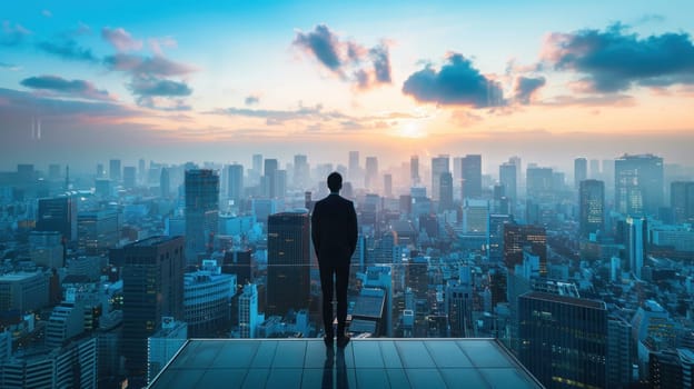 Businessman standing on a rooftop terrace overlooking the urban landscape, representing the financial success achieved through passive income ventures.