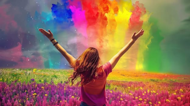 A woman is standing in a field of flowers and holding her arms out, pride day concept.