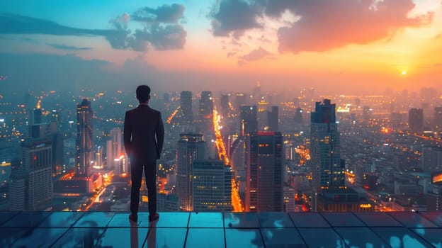 Businessman standing on a rooftop terrace overlooking the urban landscape, representing the financial success achieved through passive income ventures.