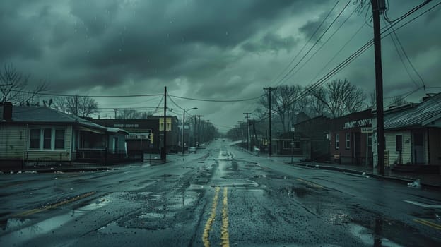 Gray clouds looming over a deserted city street on a gloomy Monday morning..