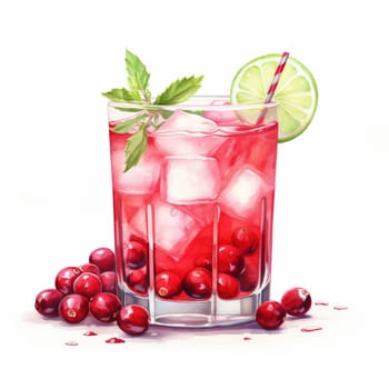 Cocktail Day with Cranberry, Ice, Lemon and Mint Leaves. Hand Drawn Coctail Day Sketch on White Background.
