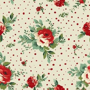 Seamless pattern, tileable Christmas holiday floral, country flowers dots print, English countryside roses for wallpaper, wrapping paper, scrapbook, fabric and product design motif