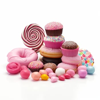 Composition with Donut, Lollipop, Candies, Maffins and Sweets on White Background.