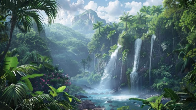 A lush green jungle with a river flowing through it.