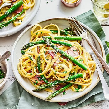 Pasta with asparagus, bacon and parmesan cheese