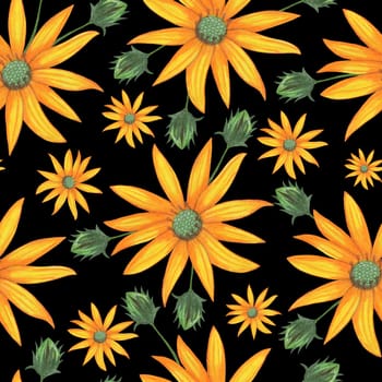 Topinambur Flower Seamless Pattern. Hand Drawn Floral Digital Paper on Black Background.