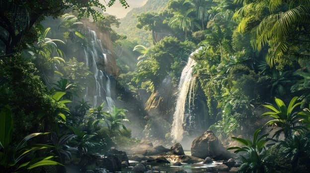 A lush green jungle with a river flowing through it.