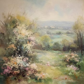 Oil style fine art painting of the English countryside, depicting romantic floral meadow, flowers field in soft pastel colours, evoking a sense of tranquility and natural beauty, printable art design