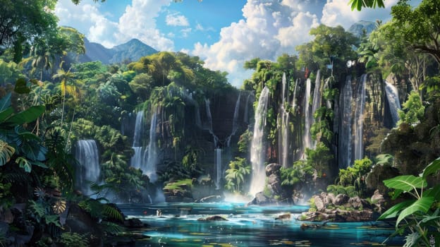 A lush green jungle with a river flowing through it. The water is crystal clear and the trees are tall and green. The scene is peaceful and serene, with the sound of the water
