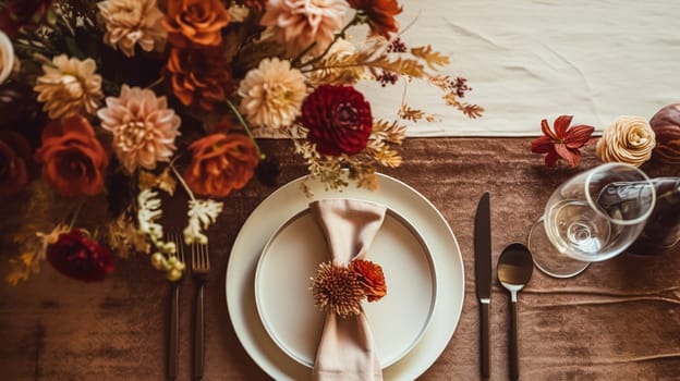 Autumn holiday tablescape, formal dinner table setting, table scape with elegant autumnal floral decor for wedding party and event decoration idea