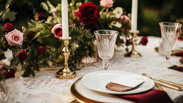 Wedding and event celebration tablescape with flowers, formal dinner table setting with roses and wine, elegant floral table decor for dinner party and holiday decoration, home styling idea